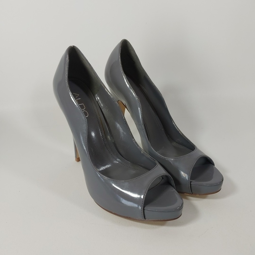 Aldo Stiletto Patent Leather‎  Peep Toe Pumps size 8.5 39 Gray